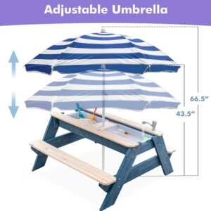 Sand & Water Picnic Table - Blue & Natural Parasols Size
